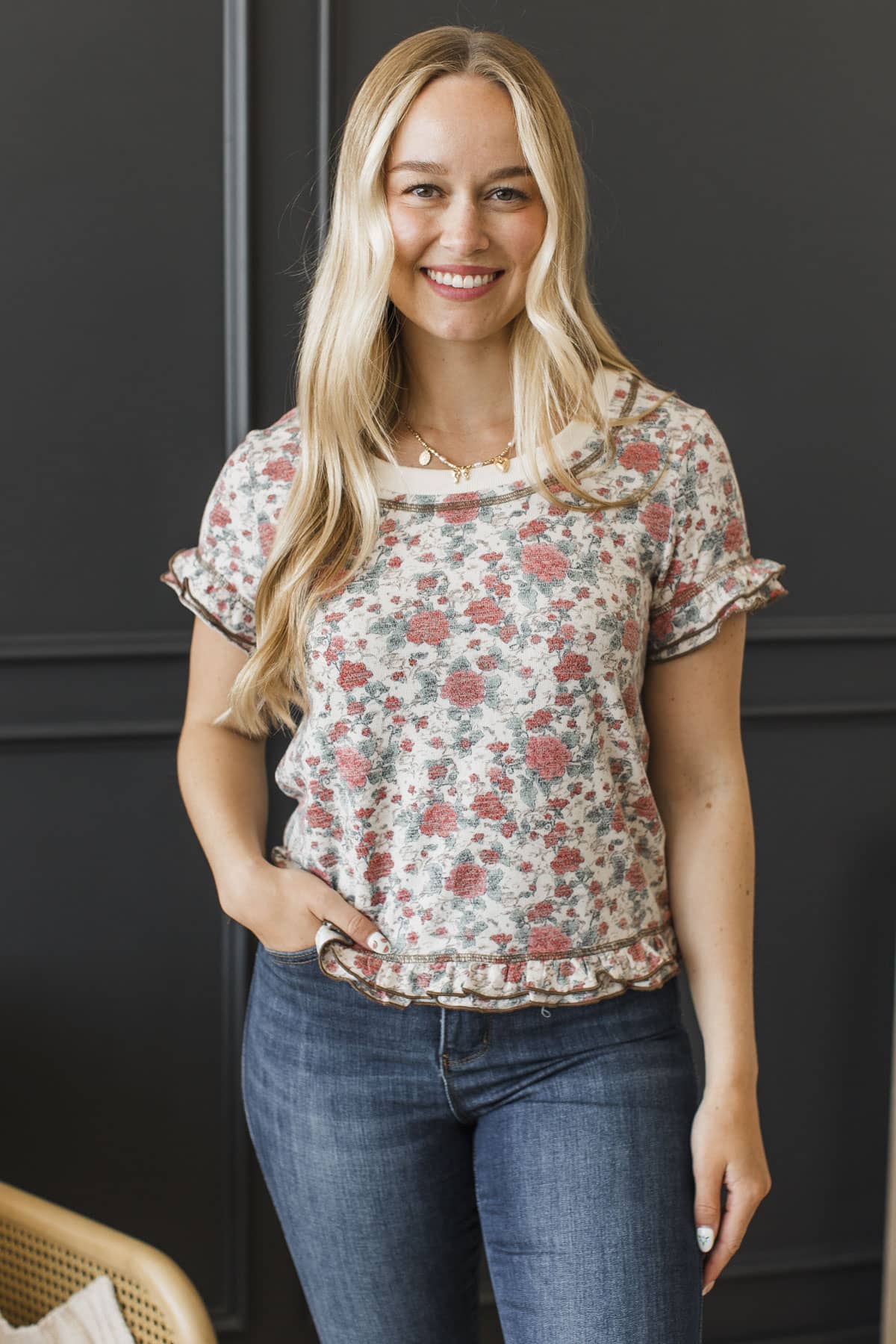 Natural Harmony Short Sleeve Floral Top- Oatmeal - Image 3