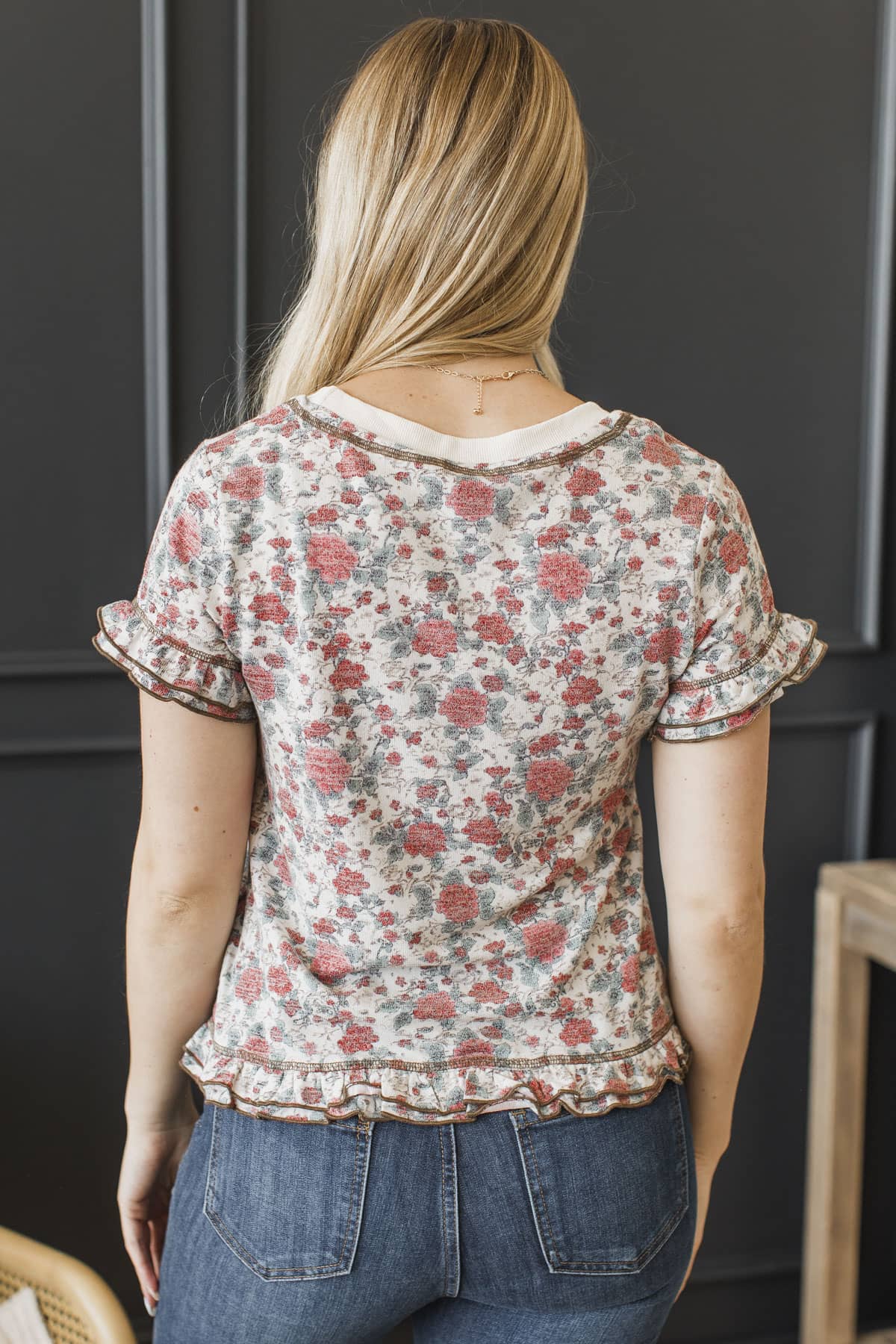 Natural Harmony Short Sleeve Floral Top- Oatmeal - Image 9