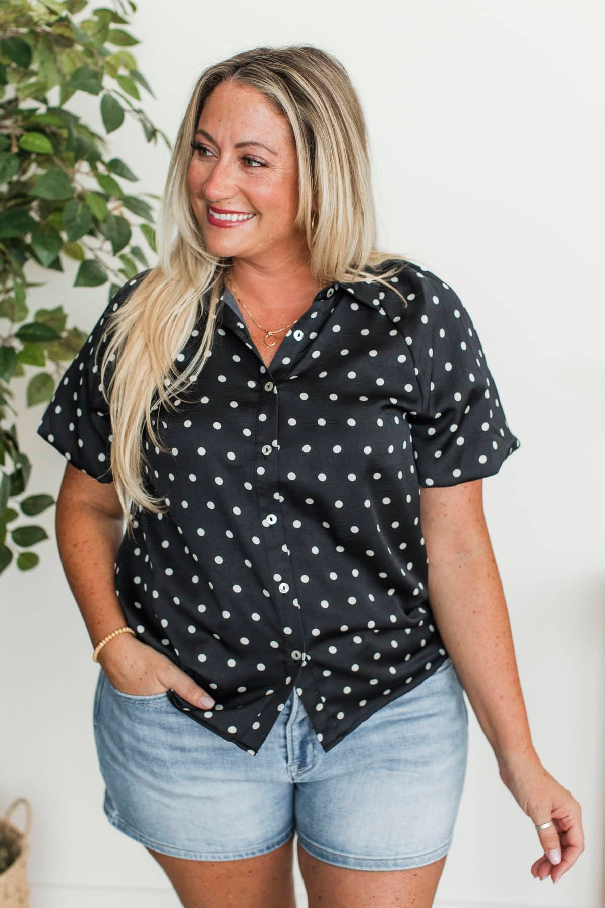 Naturally At Peace Polka Dot Button Up Blouse- Black - Image 3
