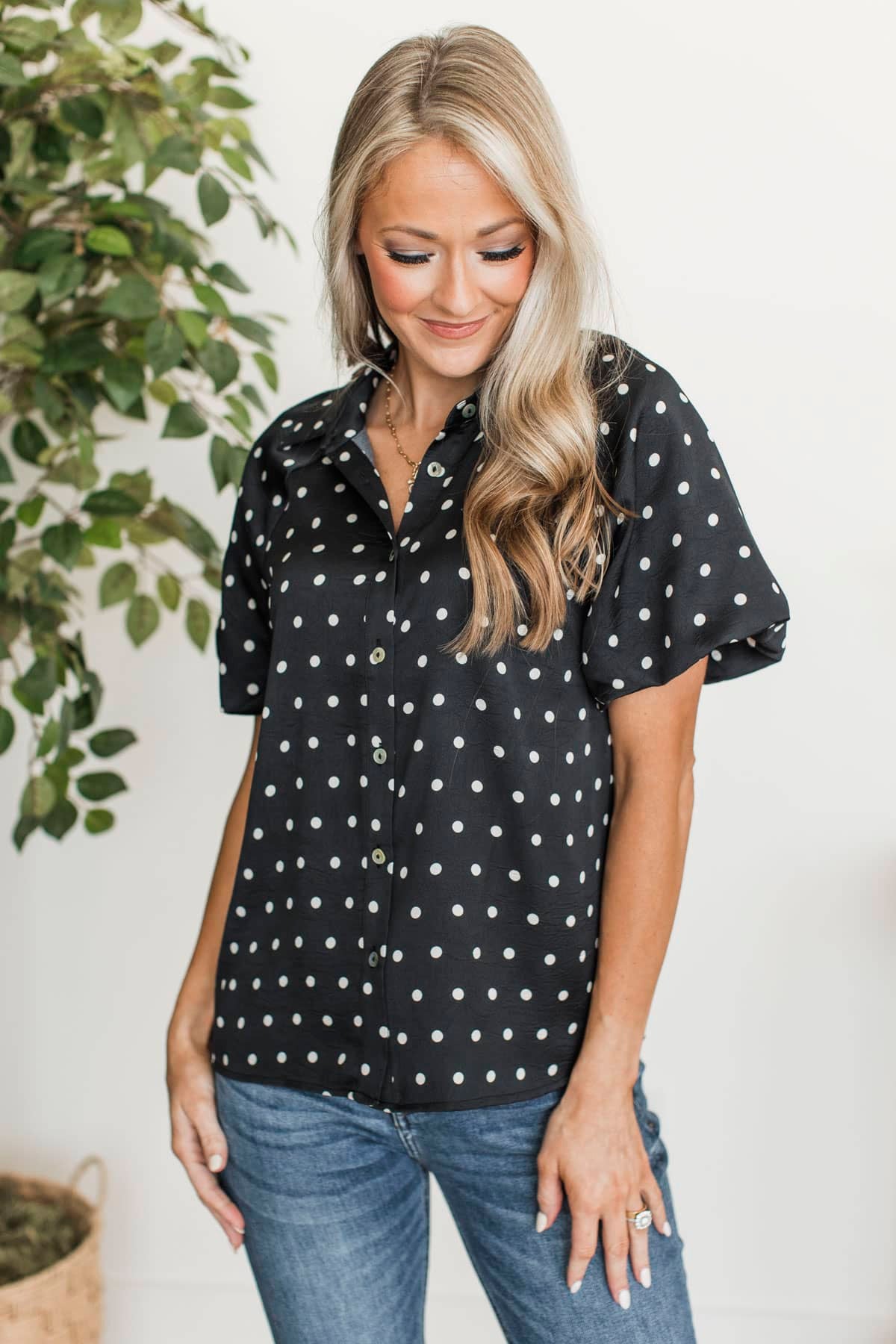 Naturally At Peace Polka Dot Button Up Blouse- Black - Image 4