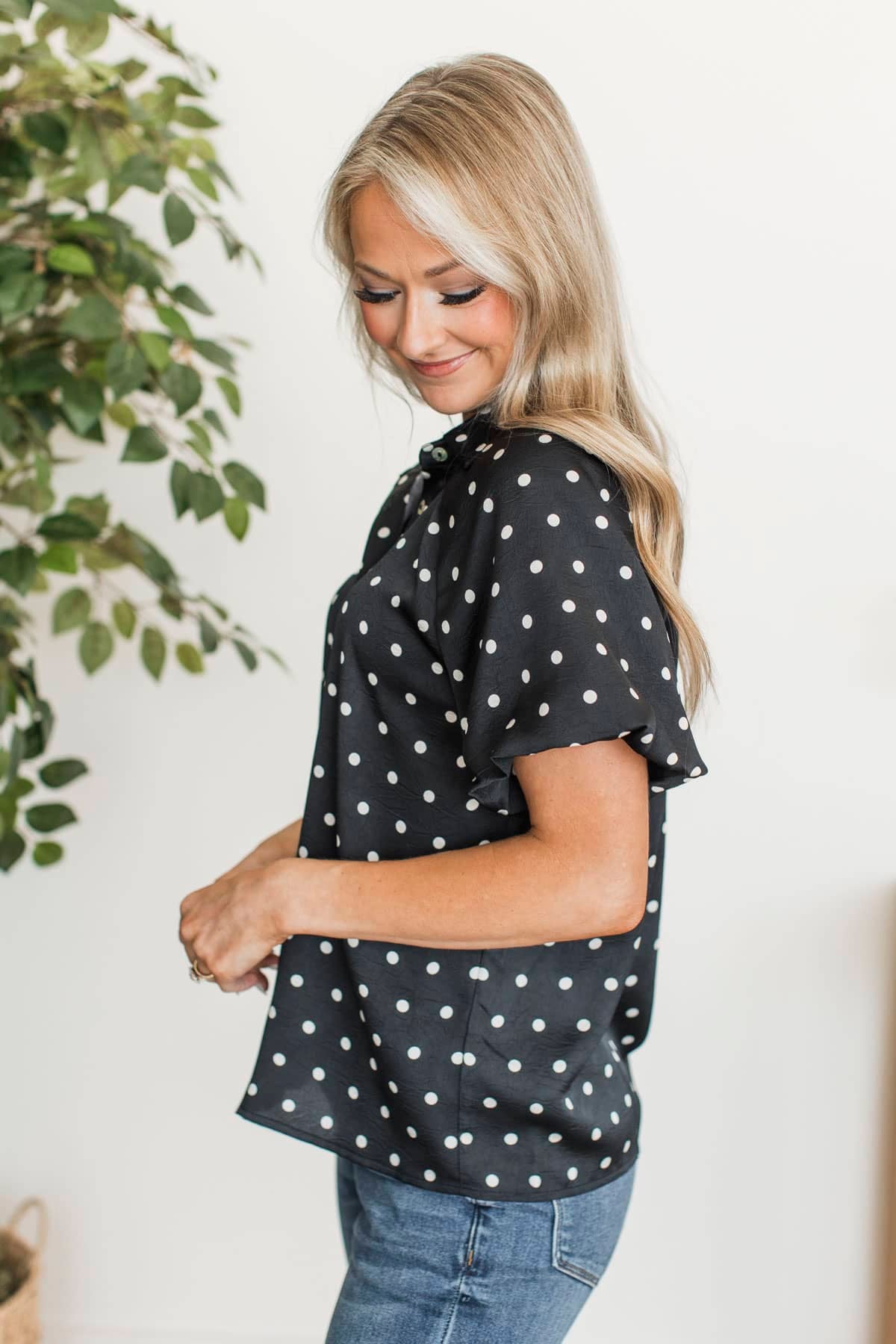 Naturally At Peace Polka Dot Button Up Blouse- Black - Image 6
