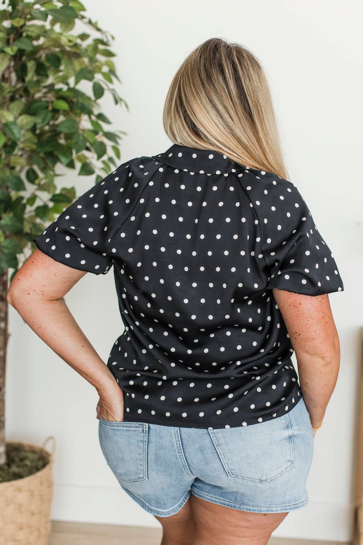 Naturally At Peace Polka Dot Button Up Blouse- Black - Image 7