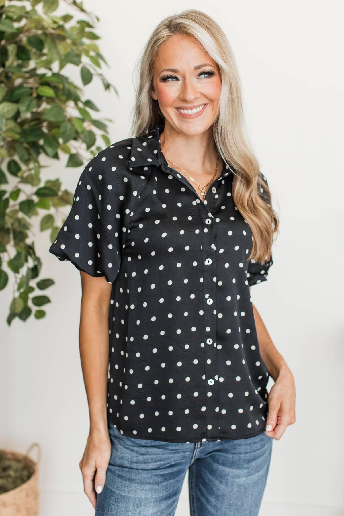 Naturally At Peace Polka Dot Button Up Blouse- Black - Image 9
