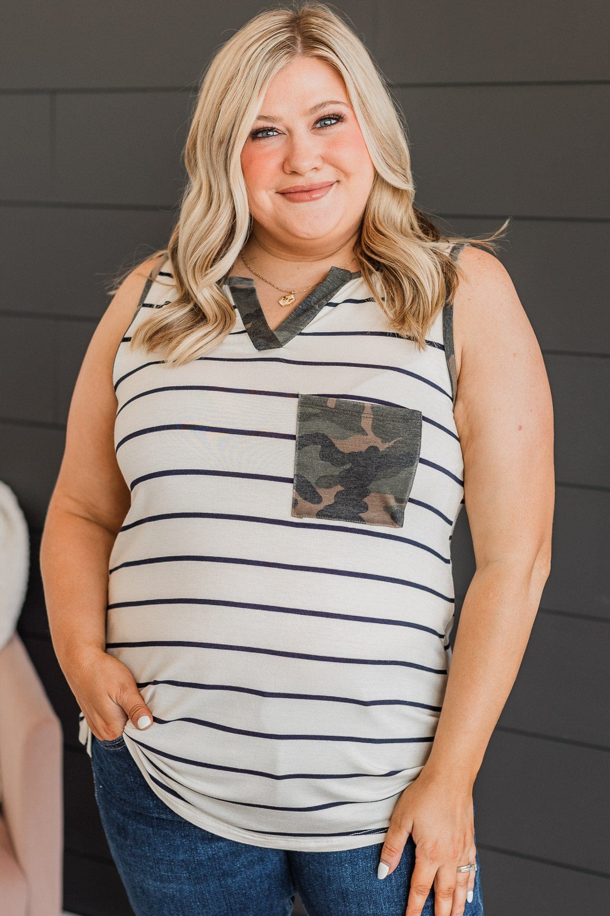 Naturally Gorgeous Striped Tank- Ivory & Camo - Image 2