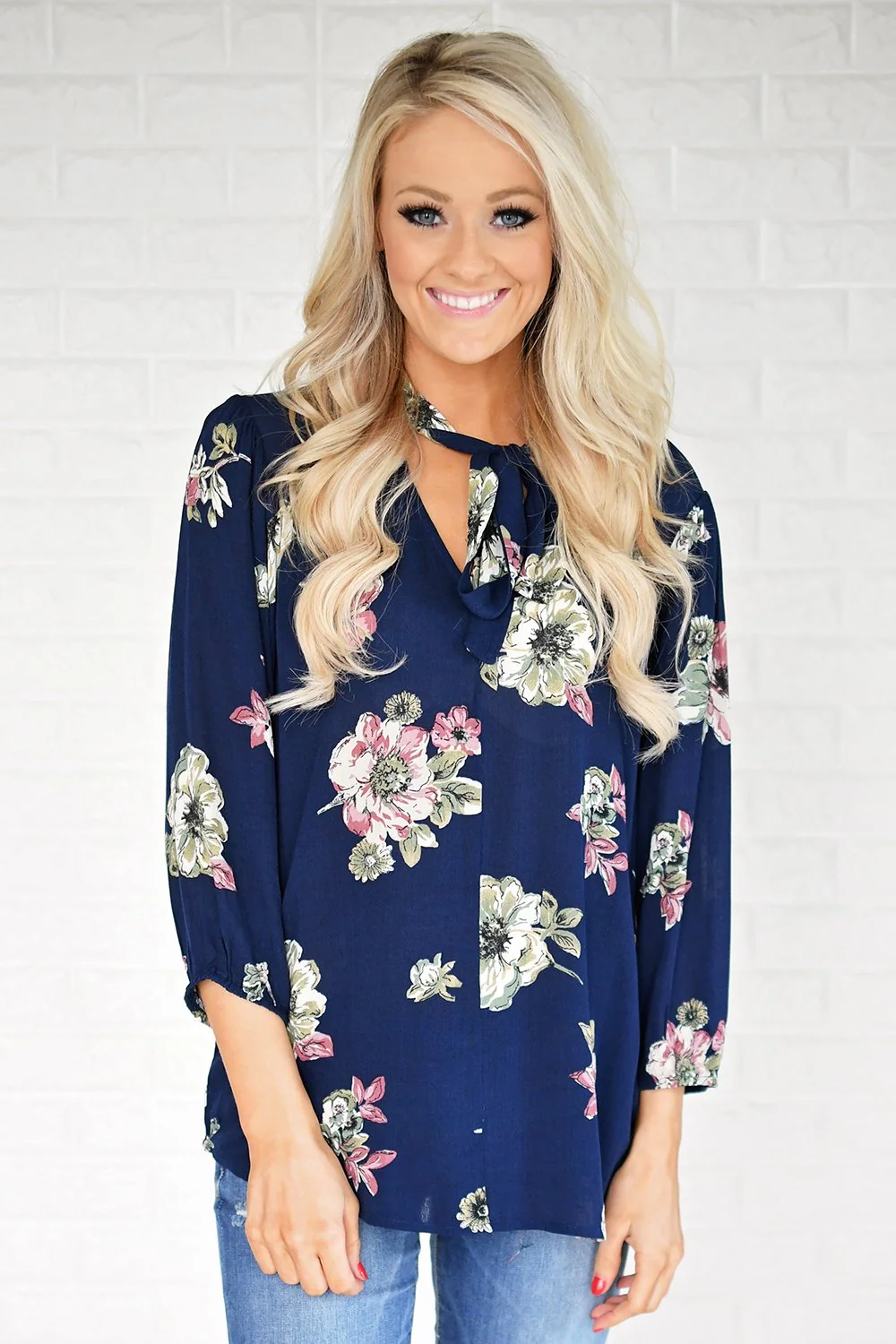 Navy Floral Blouse - Image 2