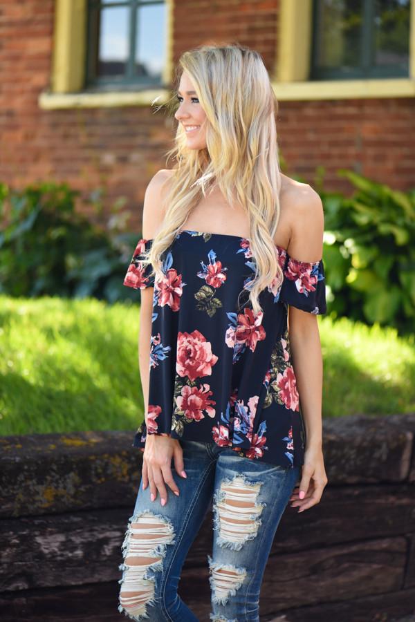 Navy Floral Off the Shoulder Top - Image 2