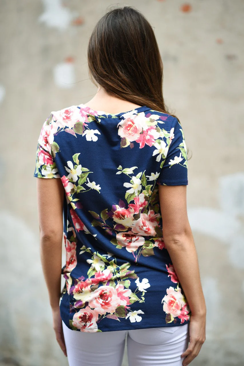 Navy Floral Short Sleeve Top - Image 4