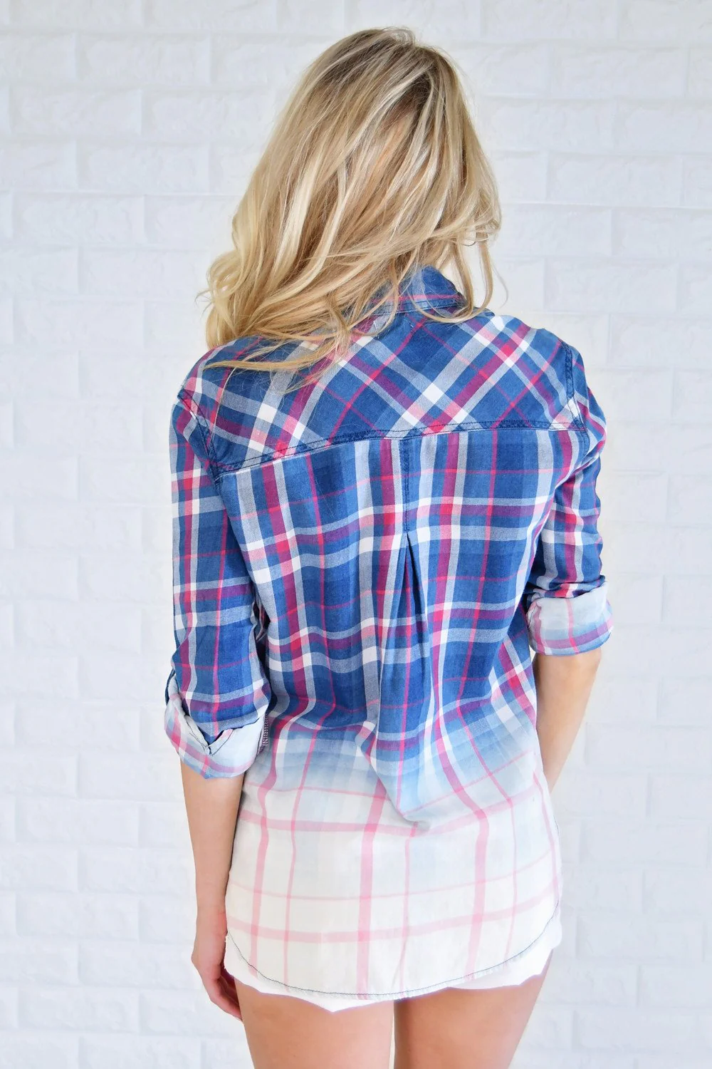 Navy & Red Ombre Plaid Top - Image 3