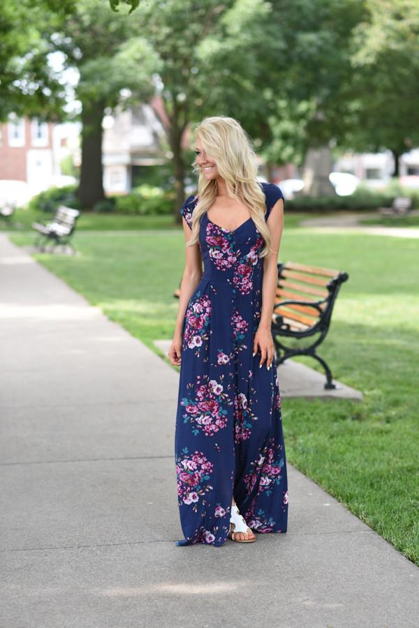 Navy Short Sleeve Floral Maxi Dress - Image 4