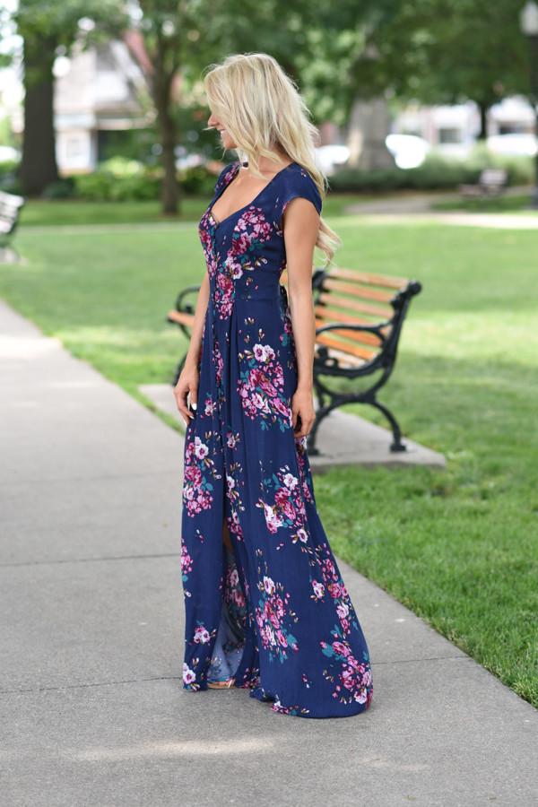 Navy Short Sleeve Floral Maxi Dress - Image 5