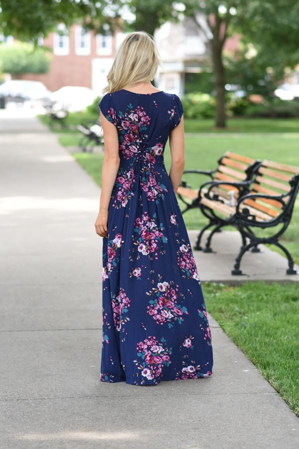 Navy Short Sleeve Floral Maxi Dress - Image 6