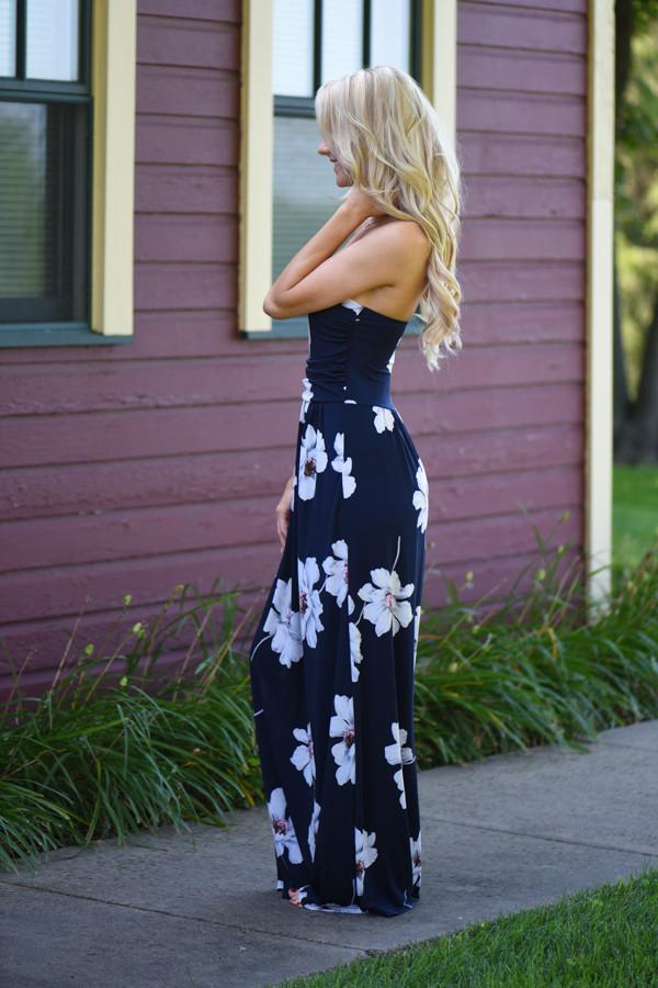Navy Strapless Floral Maxi Dress with Pockets - Image 5