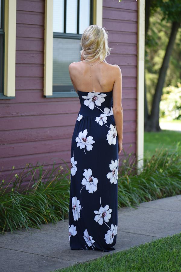 Navy Strapless Floral Maxi Dress with Pockets - Image 6