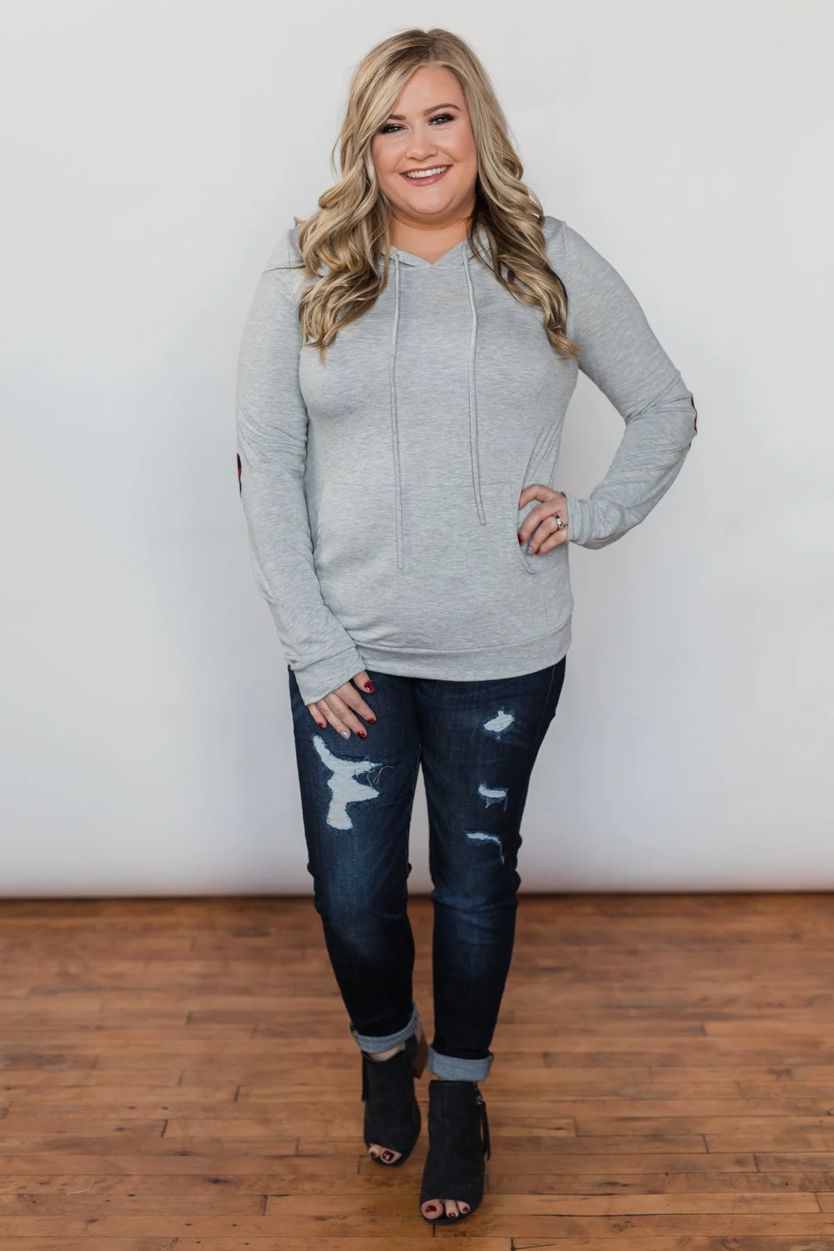 Near to my Heart Elbow Patch Hoodie- Heather Grey - Image 4