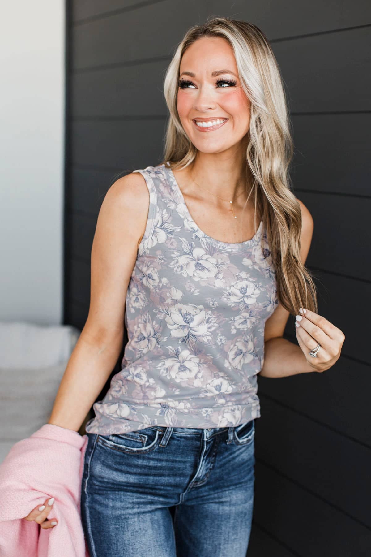 Need A Minute Floral Tank Top- Grey - Image 5