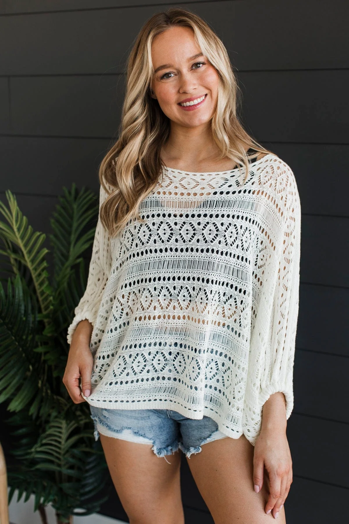 Need A Vacation Open Knit Top- Ivory - Image 3