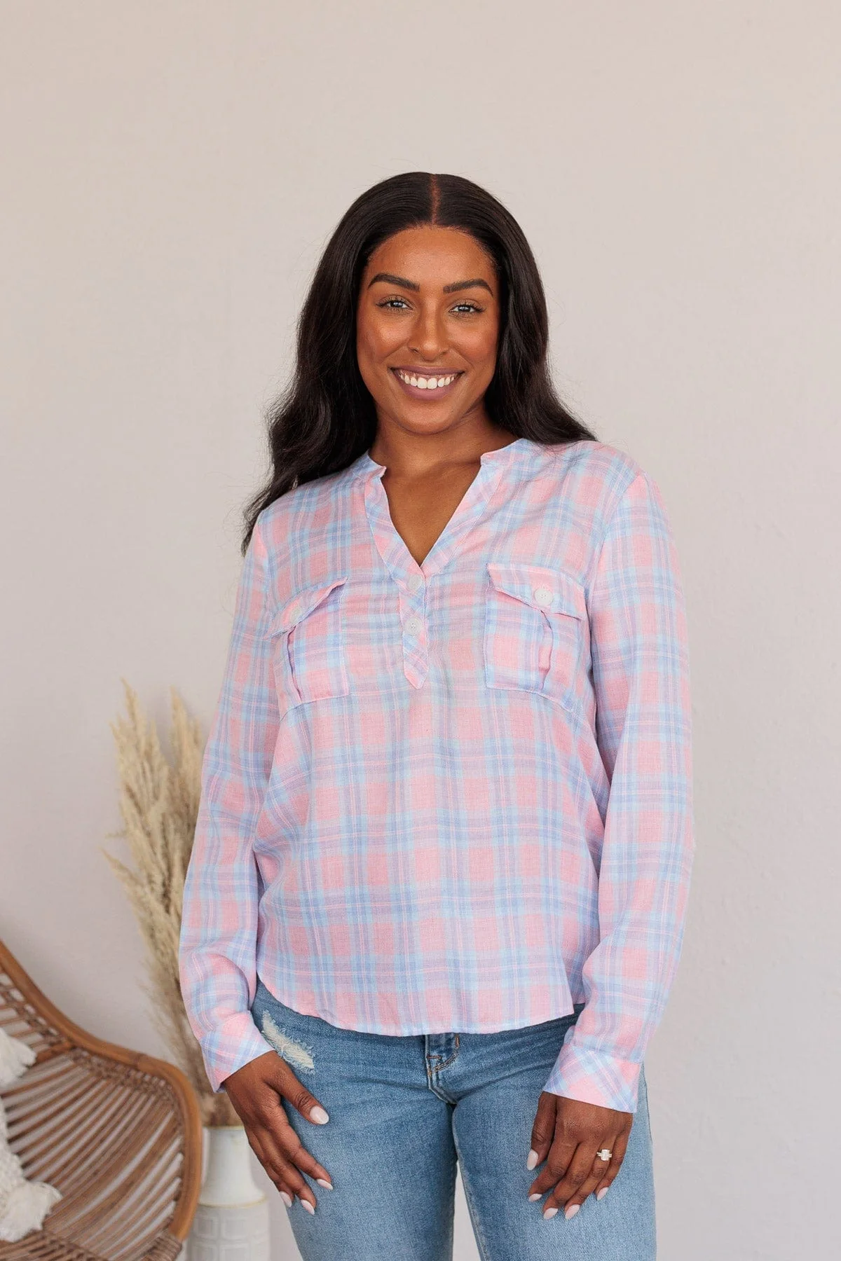 Need Some Clarity Plaid Pocket Top- Pink - Image 2