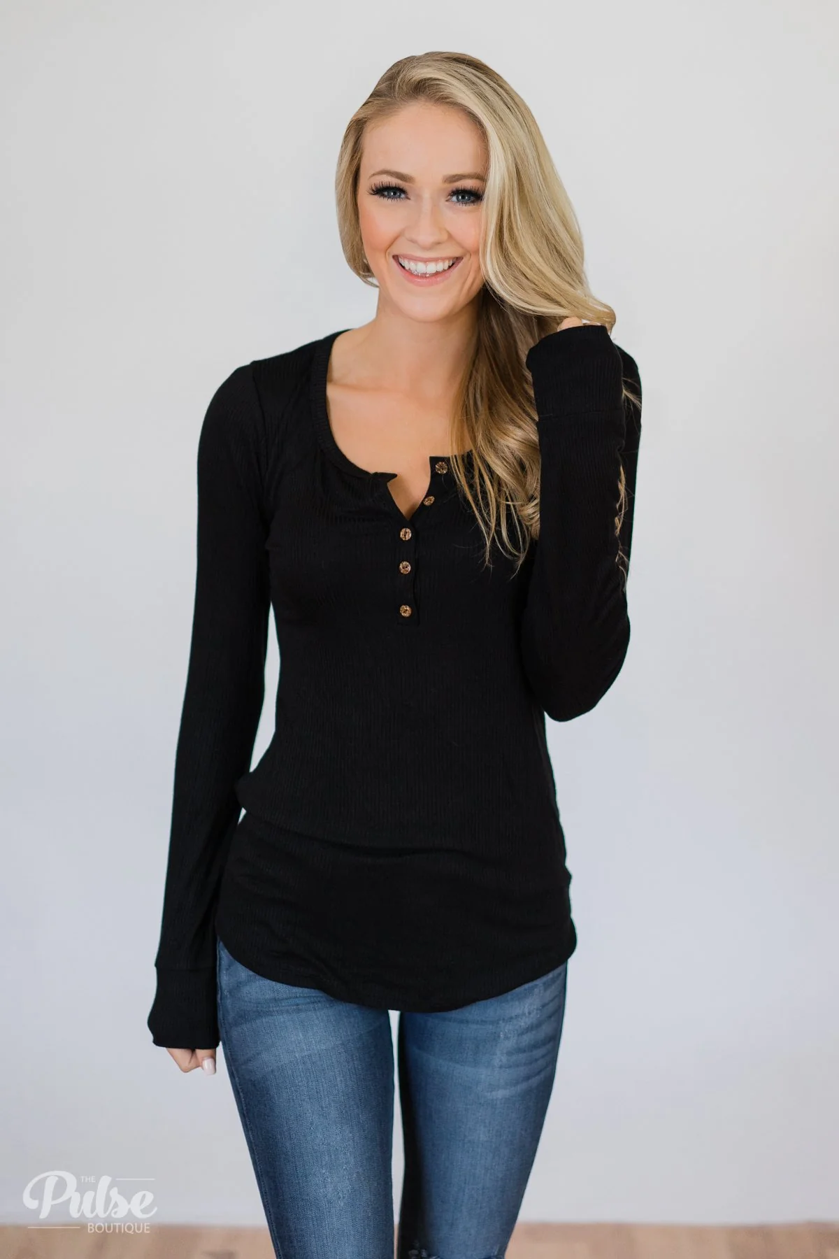Need You Now 5-Button Henley Top- Black - Image 2