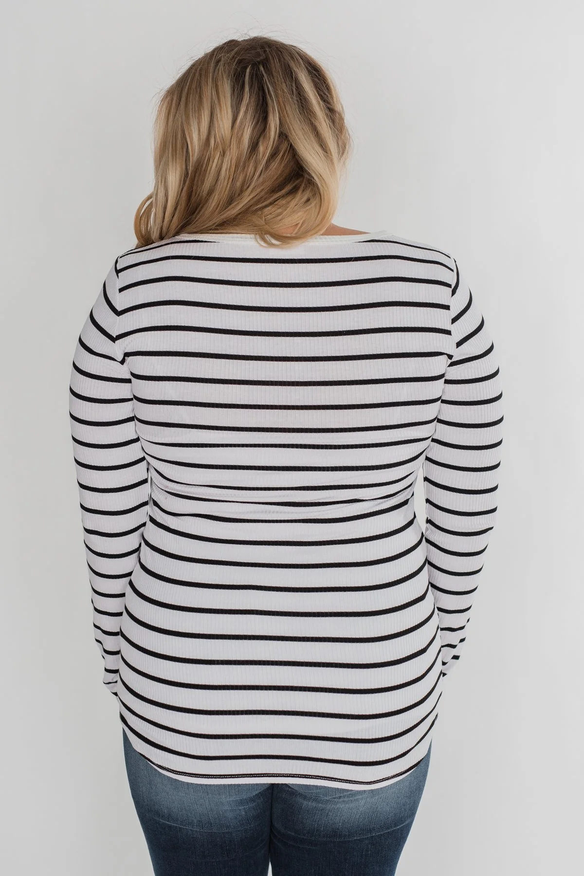 Need You Now 5-Button Henley Top- Black & White Striped - Image 10