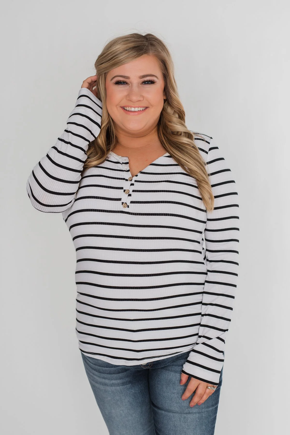 Need You Now 5-Button Henley Top- Black & White Striped - Image 2