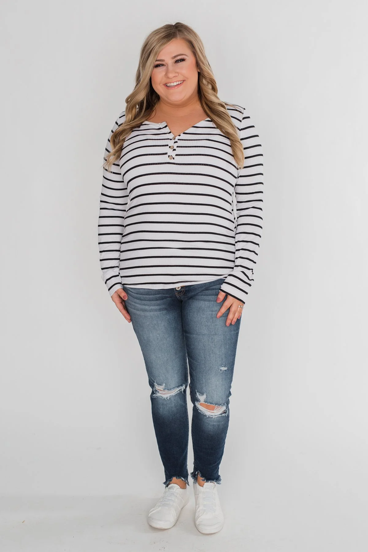 Need You Now 5-Button Henley Top- Black & White Striped - Image 3