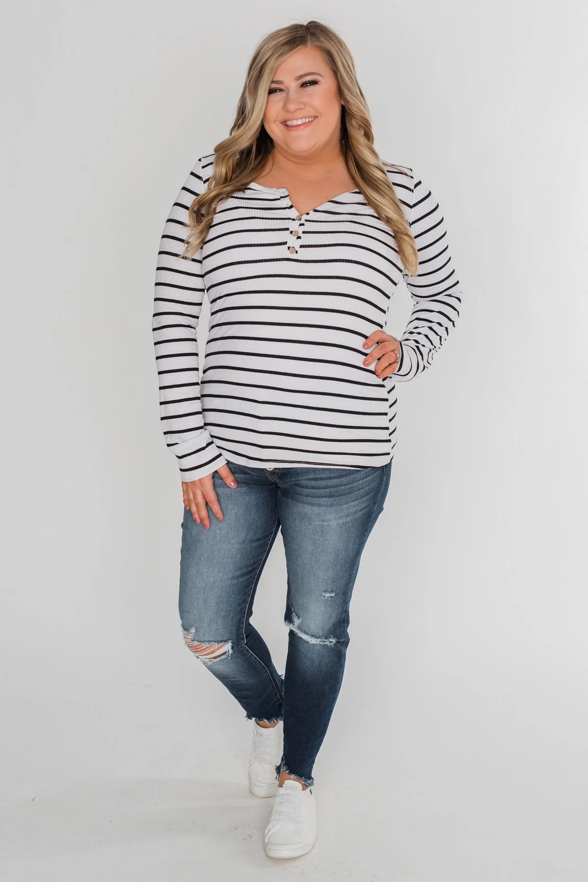 Need You Now 5-Button Henley Top- Black & White Striped - Image 4