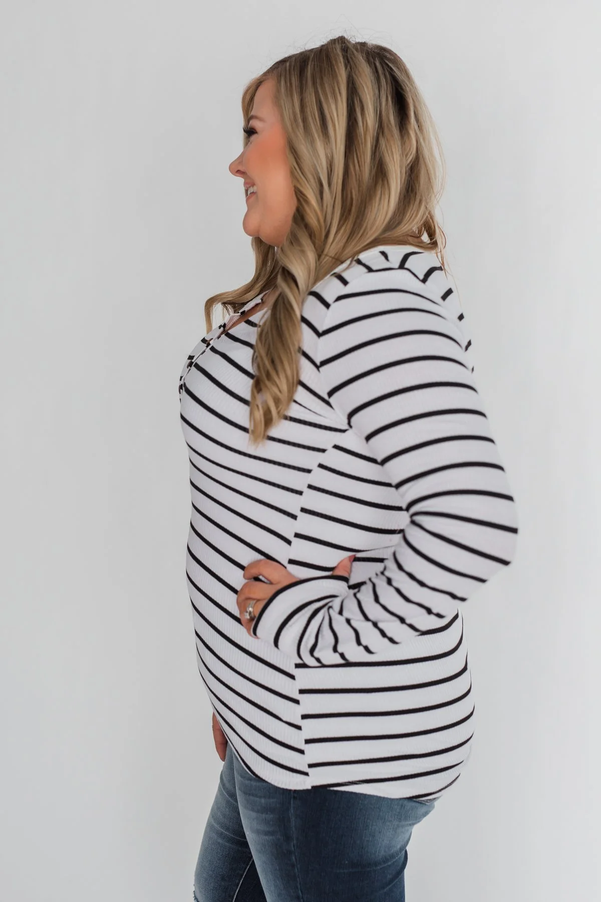 Need You Now 5-Button Henley Top- Black & White Striped - Image 9