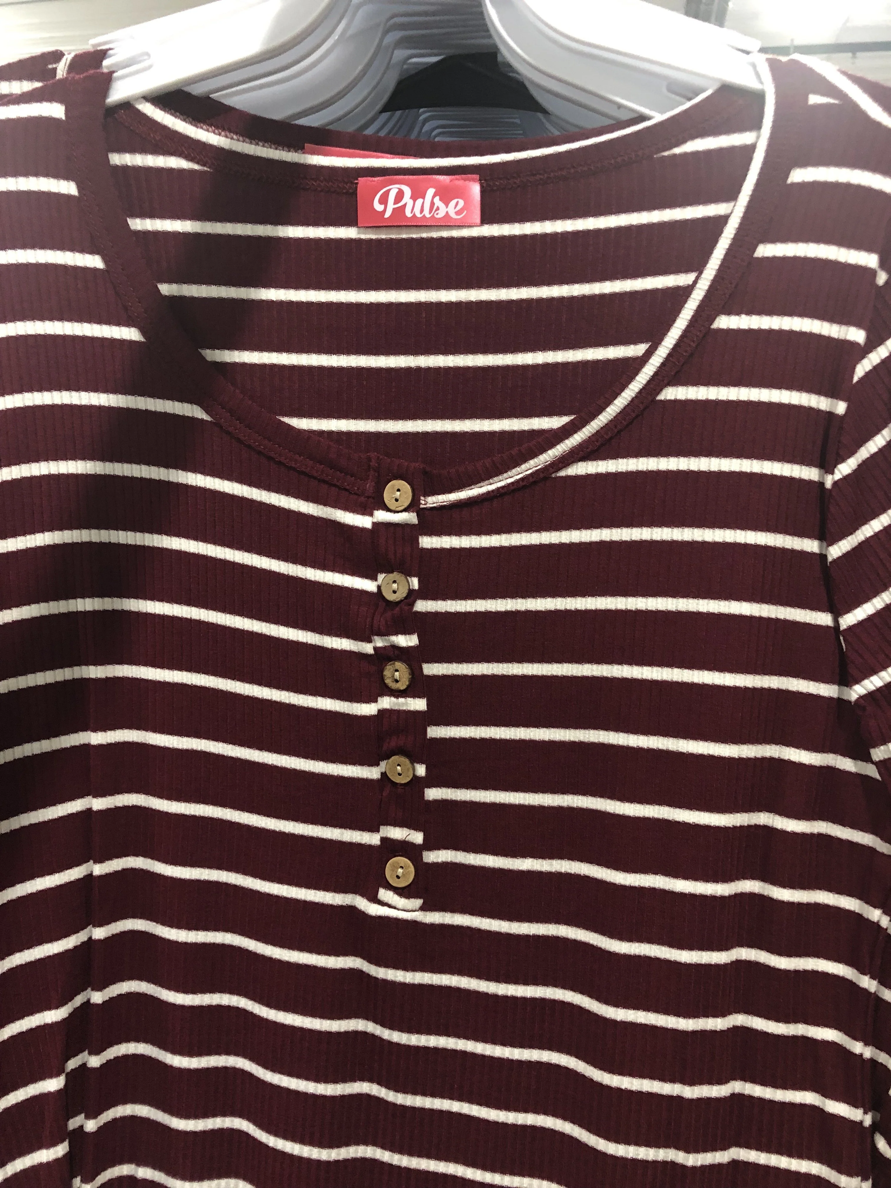 Need You Now 5-Button Henley Top- Burgundy Striped - Image 10