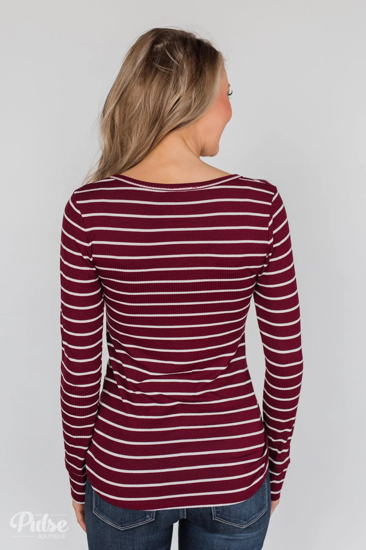 Need You Now 5-Button Henley Top- Burgundy Striped - Image 11