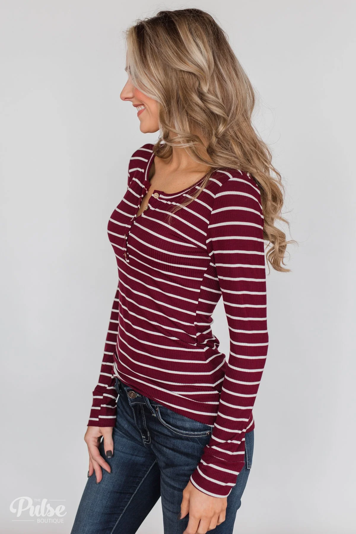 Need You Now 5-Button Henley Top- Burgundy Striped - Image 12