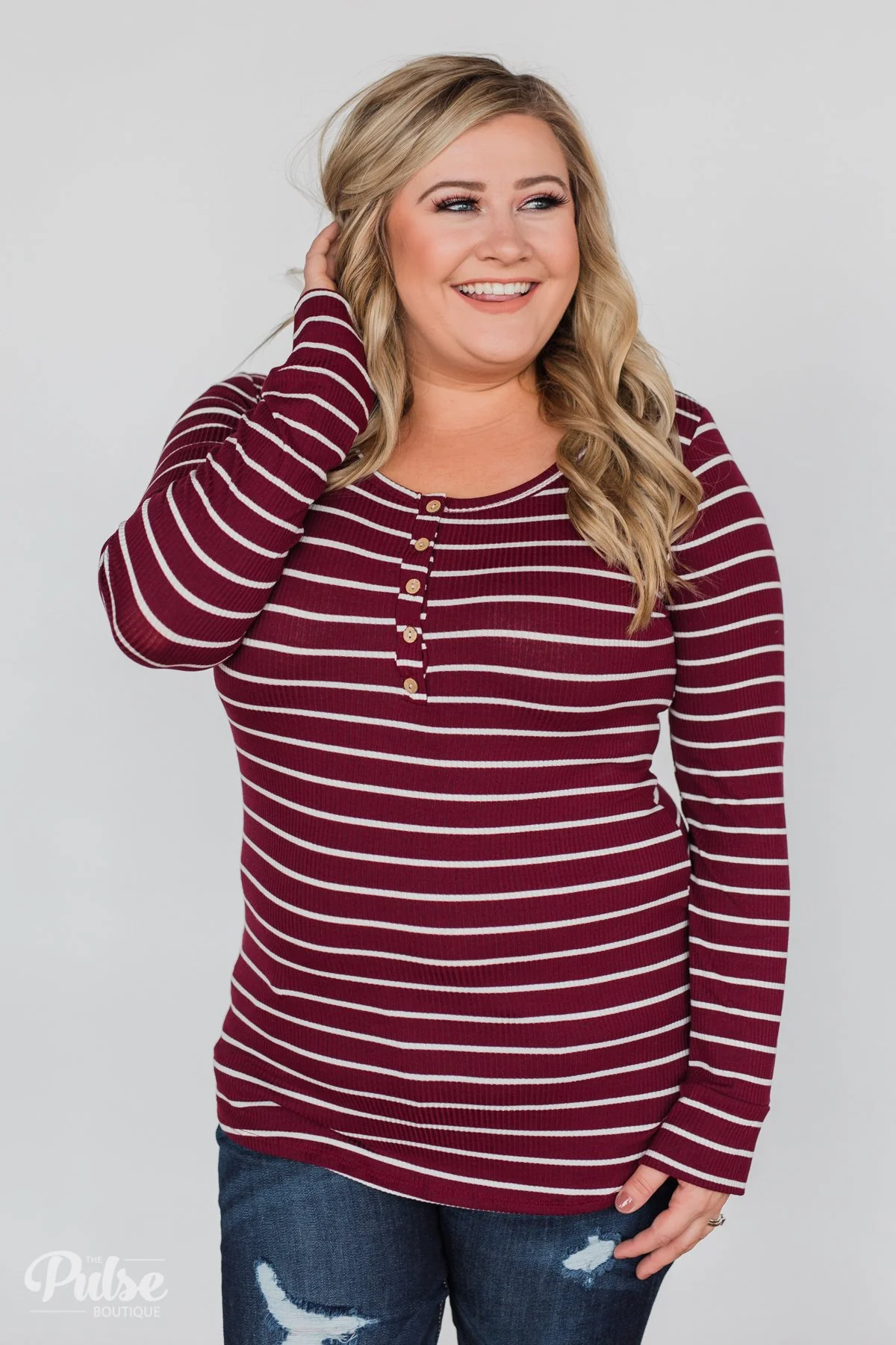 Need You Now 5-Button Henley Top- Burgundy Striped - Image 13