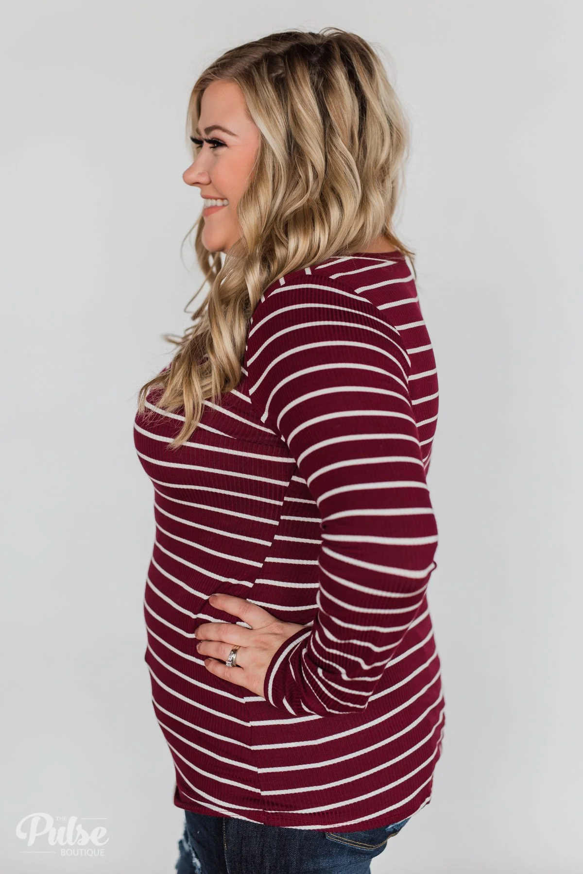 Need You Now 5-Button Henley Top- Burgundy Striped - Image 14