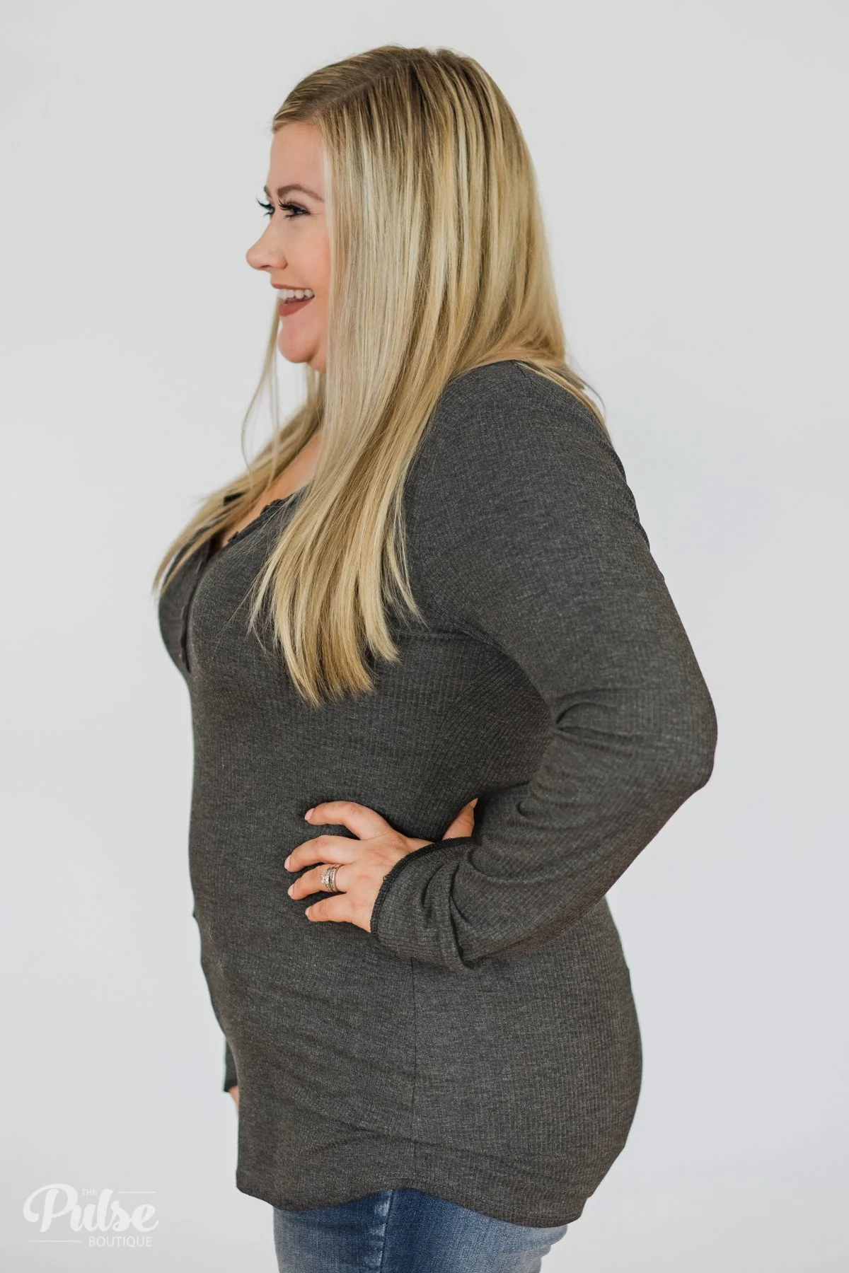 Need You Now 5-Button Henley Top- Charcoal Grey - Image 11