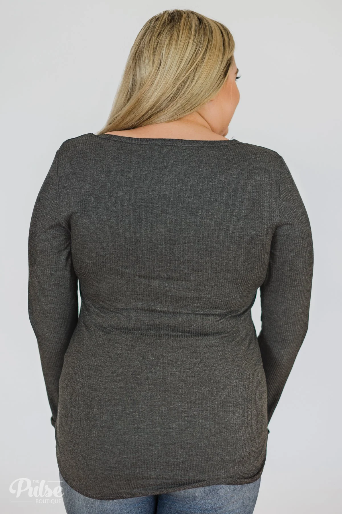 Need You Now 5-Button Henley Top- Charcoal Grey - Image 12