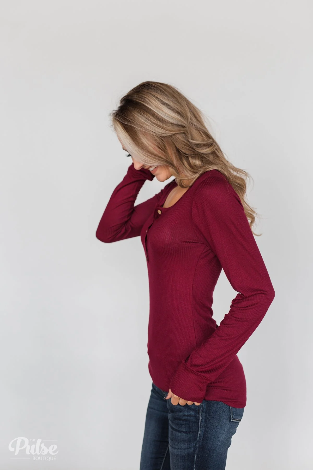 Need You Now 5-Button Henley Top- Cranberry - Image 5
