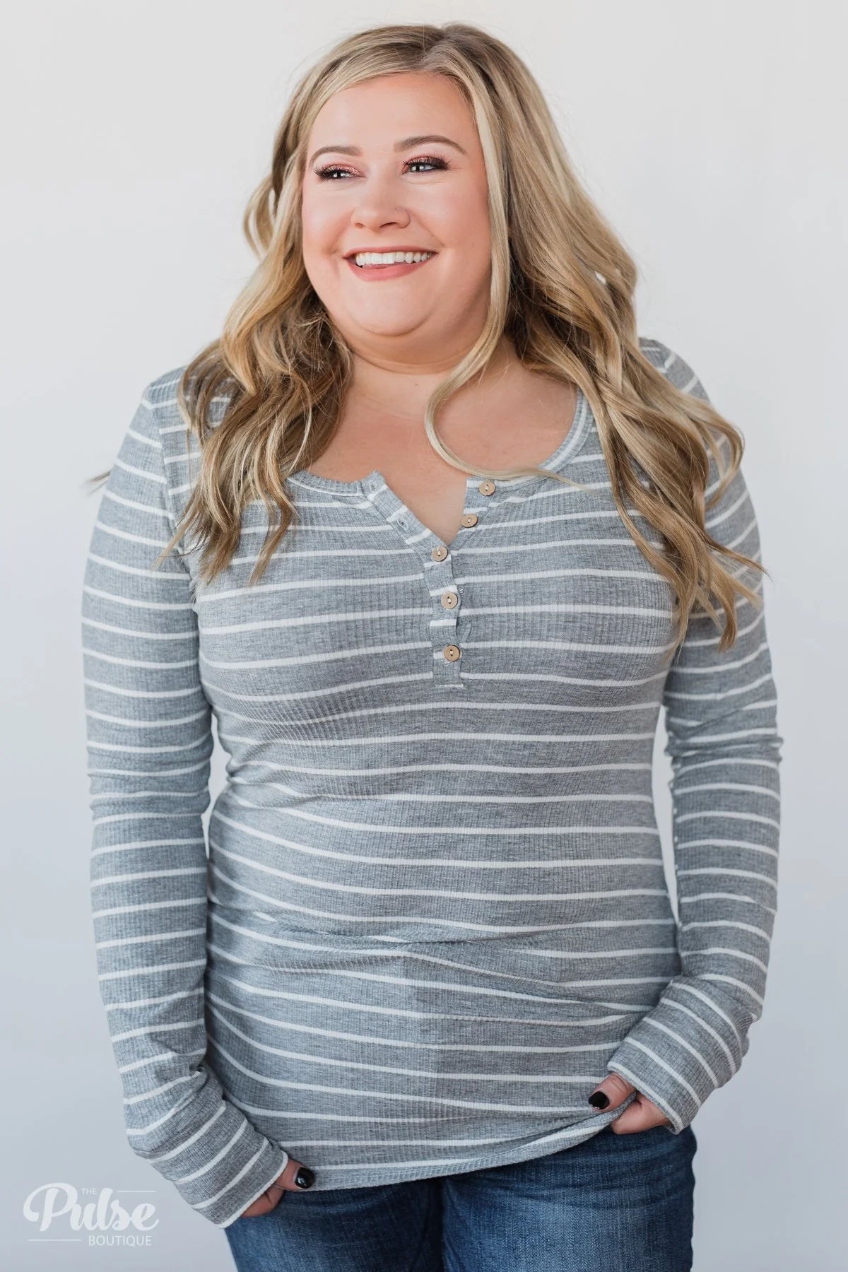 Need You Now 5-Button Henley Top- Grey Striped - Image 11