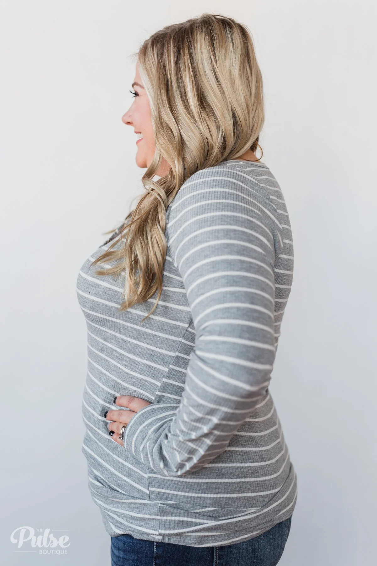 Need You Now 5-Button Henley Top- Grey Striped - Image 12