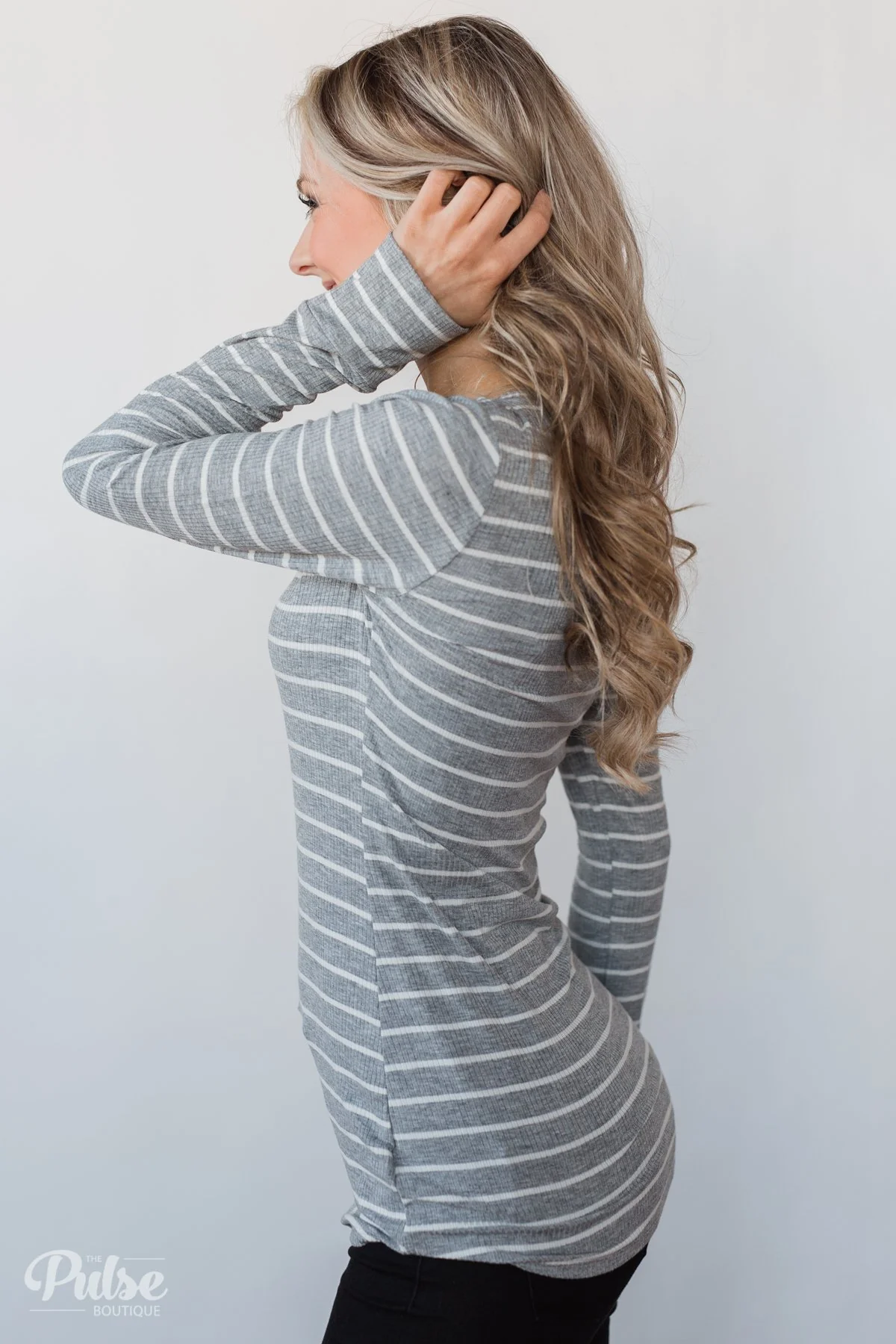Need You Now 5-Button Henley Top- Grey Striped - Image 9