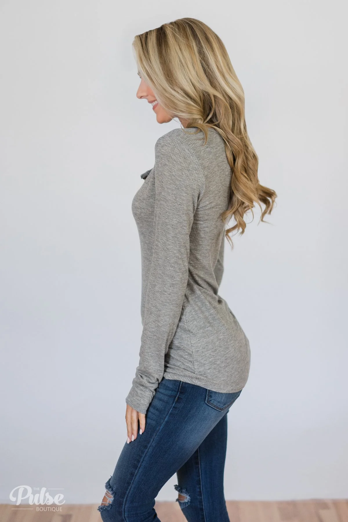 Need You Now 5-Button Henley Top- Heather Grey - Image 3