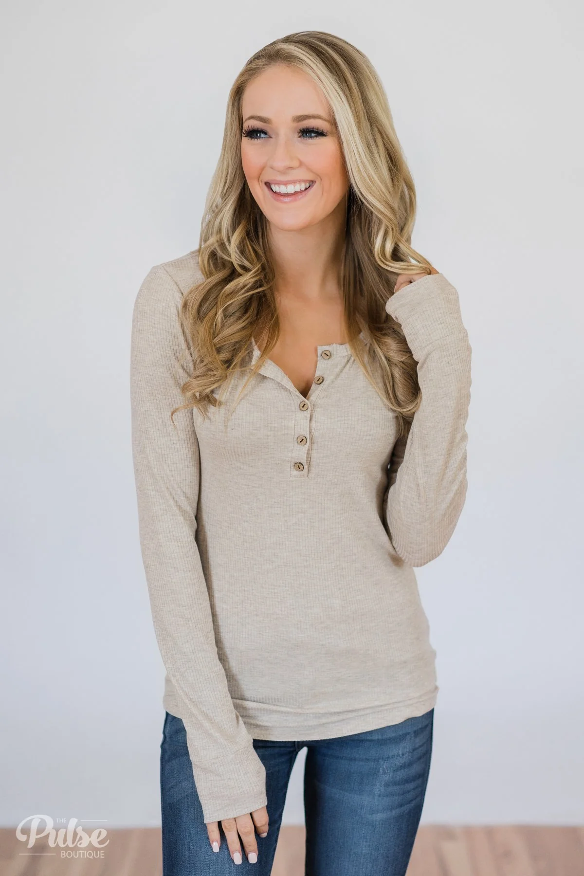 Need You Now 5-Button Henley Top- Oatmeal