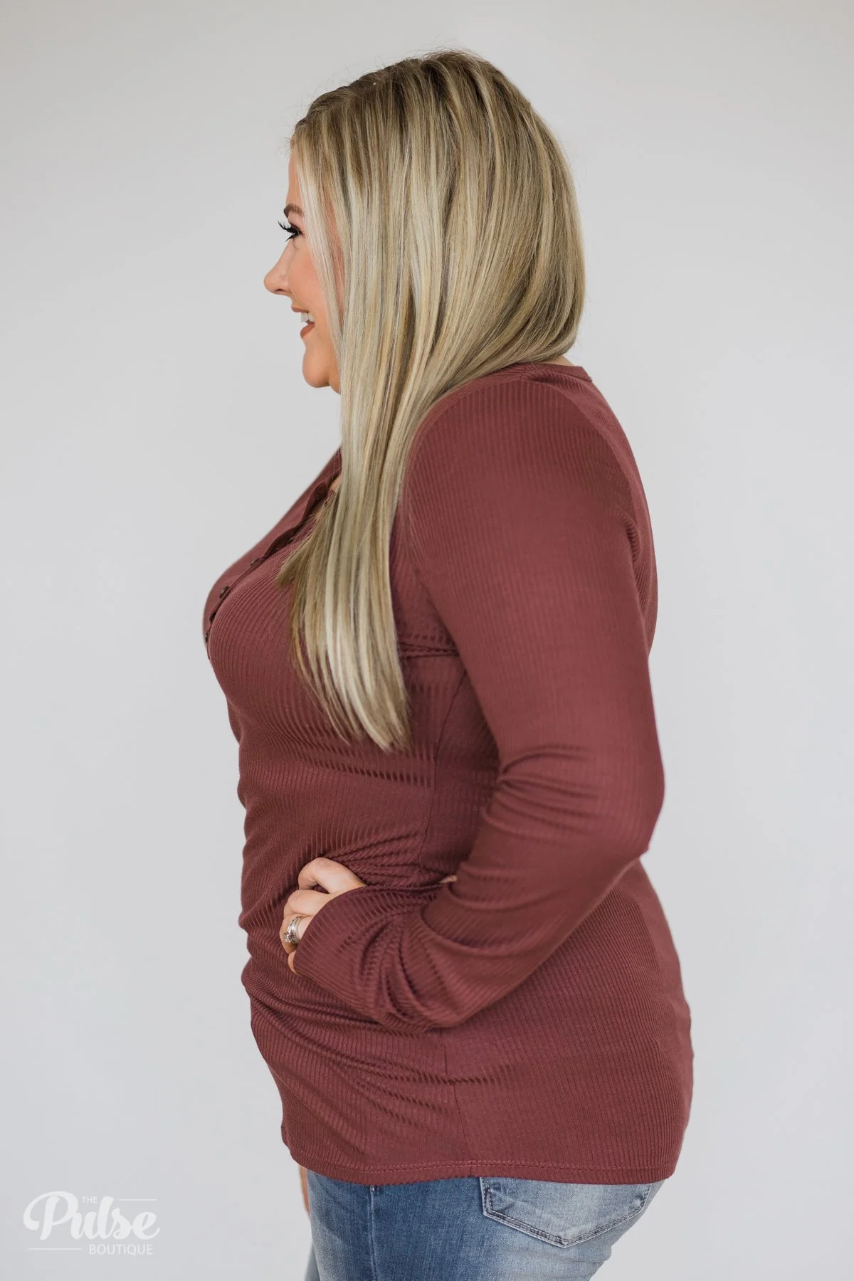 Need You Now 5-Button Henley Top- Red/Brown - Image 11