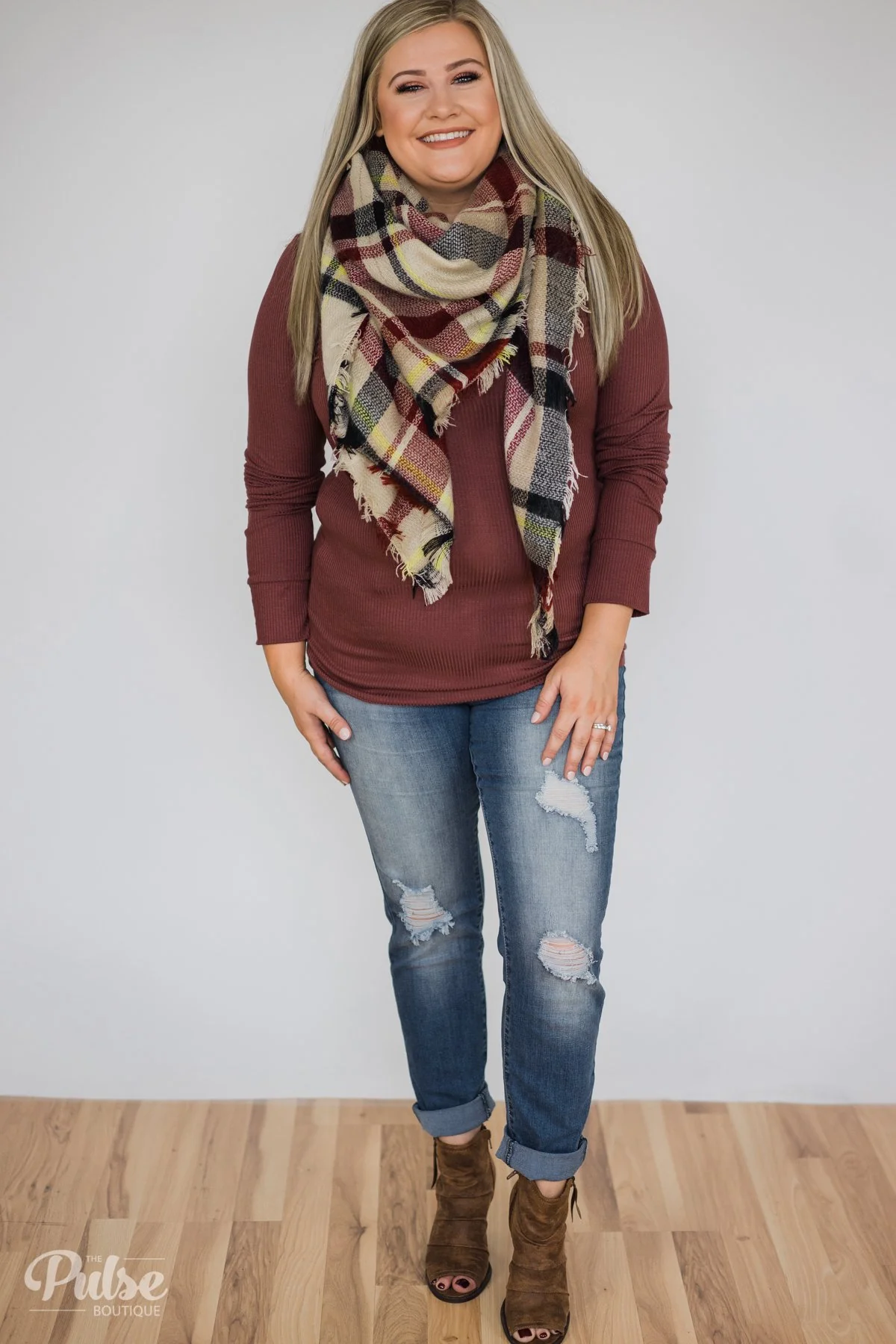 Need You Now 5-Button Henley Top- Red/Brown - Image 5