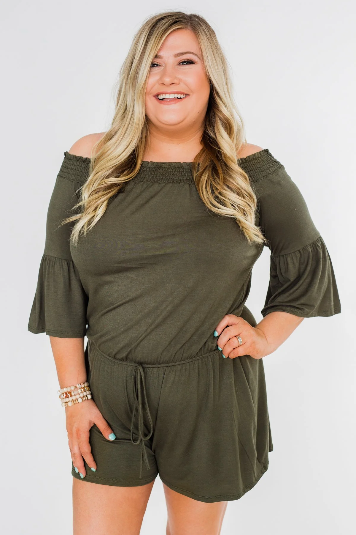 Never Better Off The Shoulder Romper- Olive - Image 10