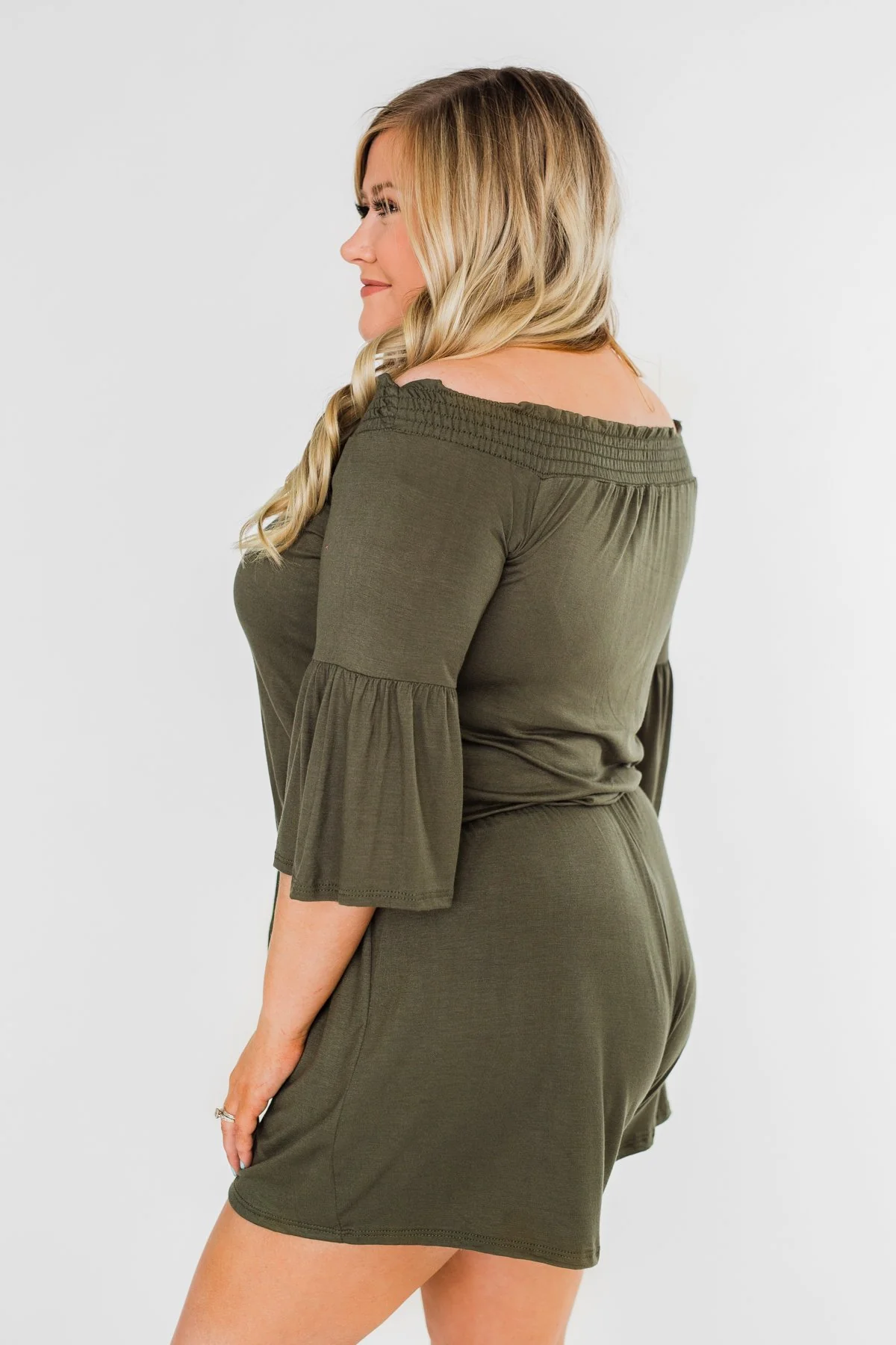 Never Better Off The Shoulder Romper- Olive - Image 12