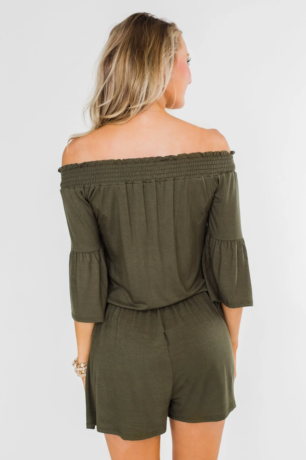 Never Better Off The Shoulder Romper- Olive - Image 13