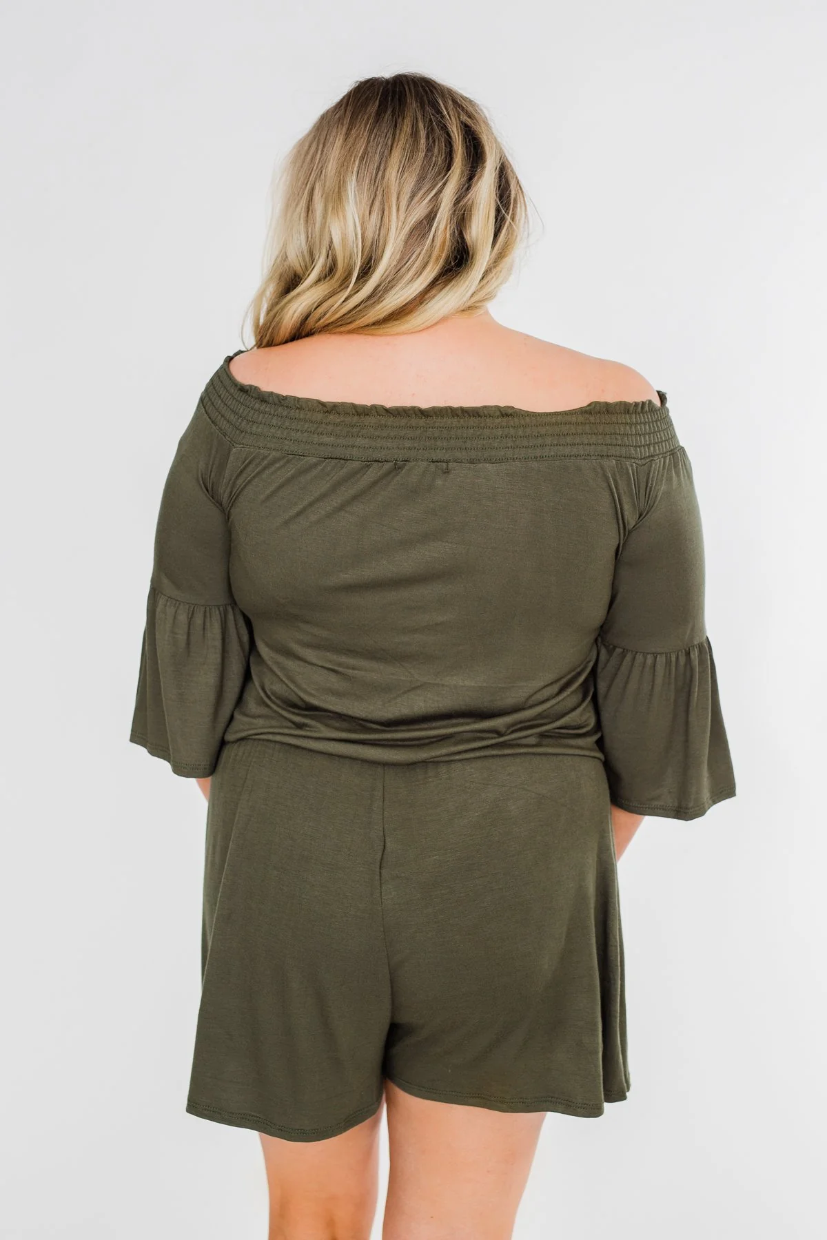 Never Better Off The Shoulder Romper- Olive - Image 14
