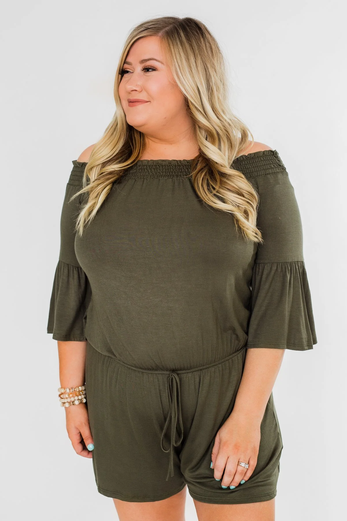 Never Better Off The Shoulder Romper- Olive - Image 2