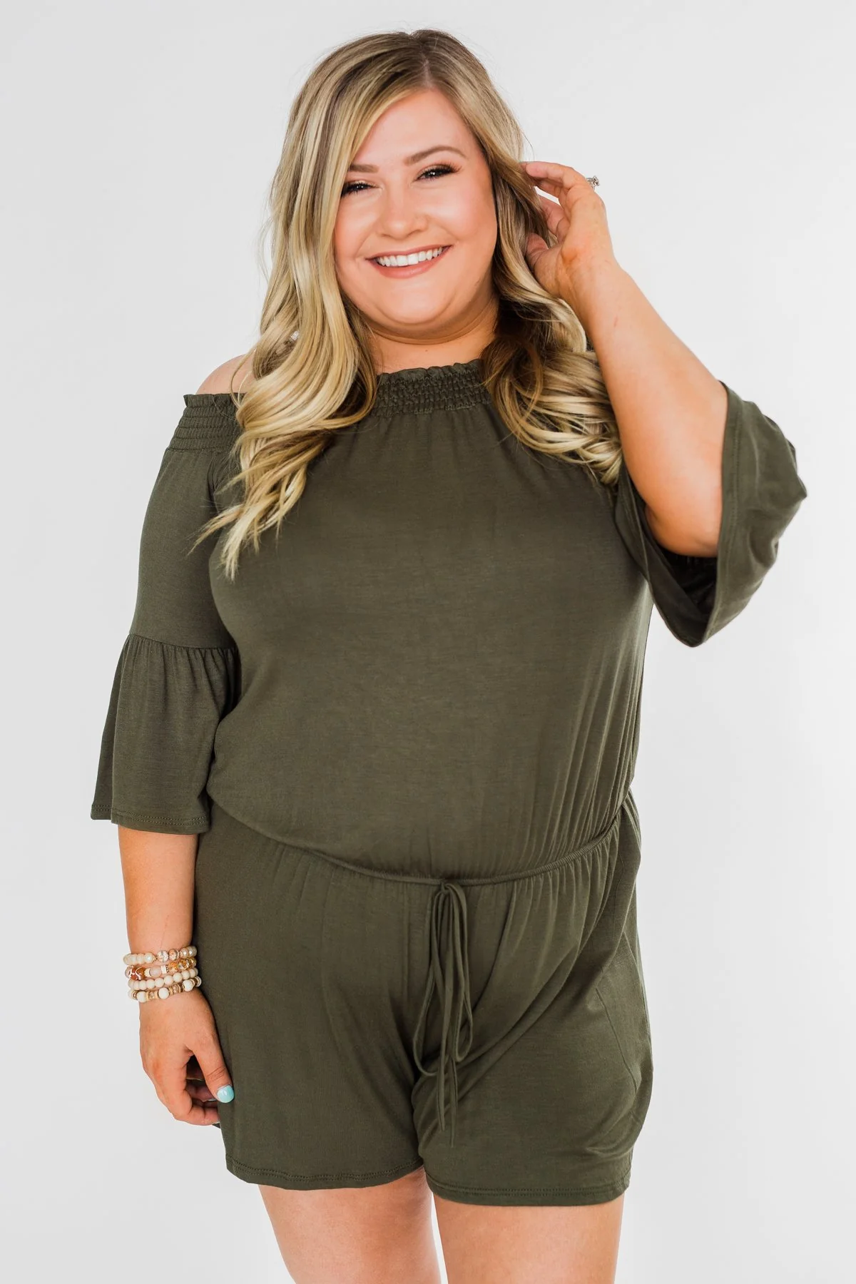 Never Better Off The Shoulder Romper- Olive - Image 8