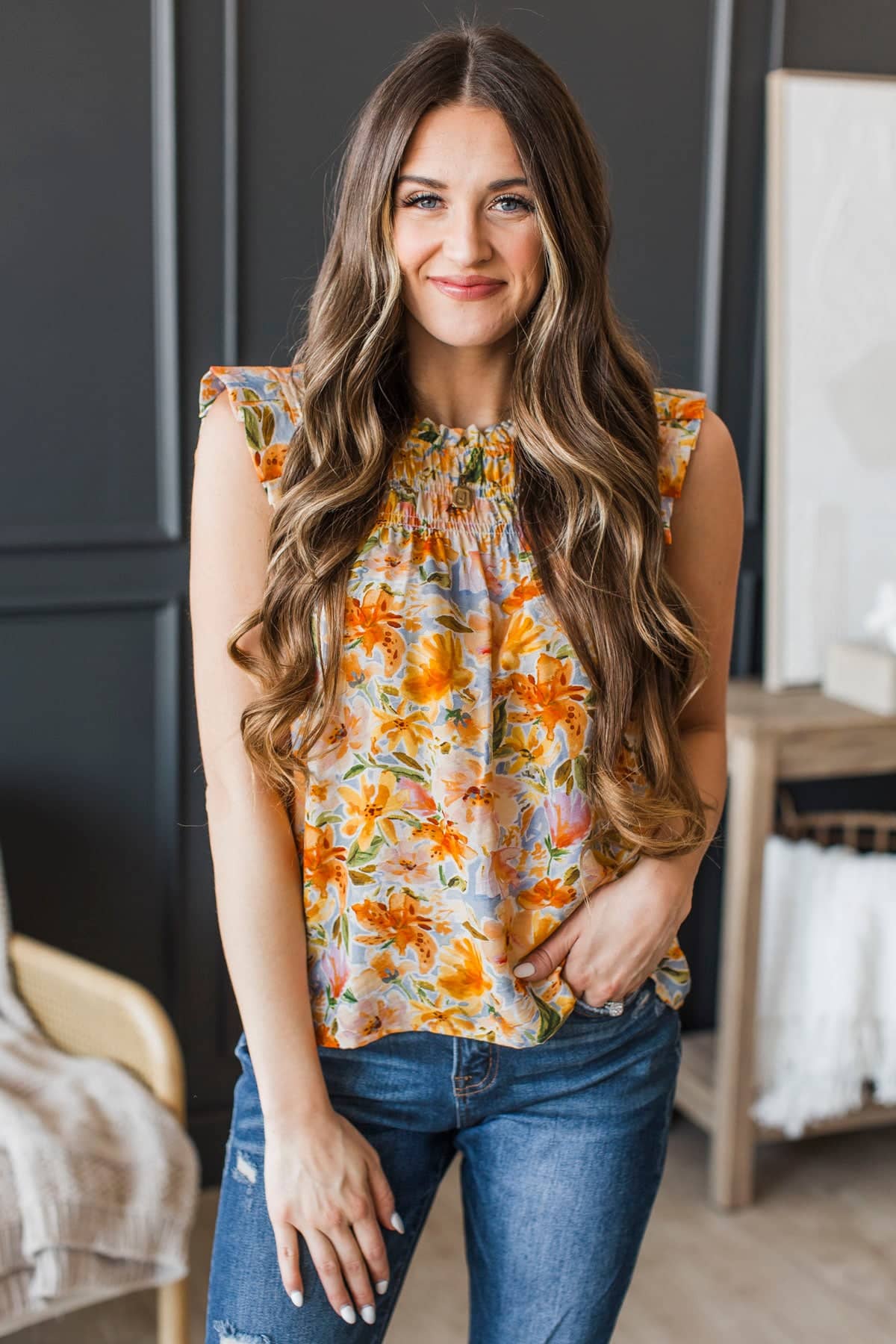Never Beyond Reach Smocked Floral Blouse- Mango - Image 2