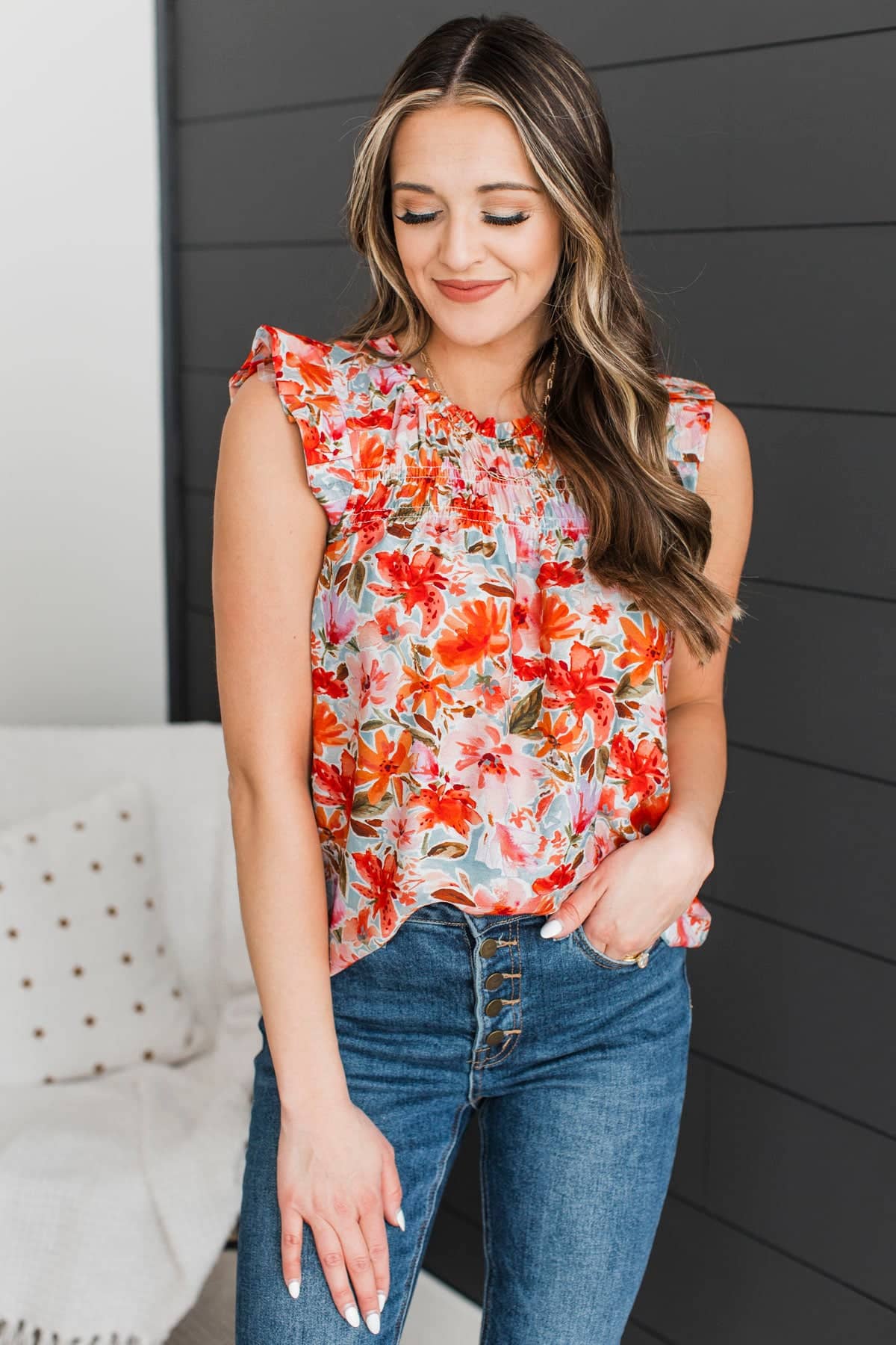 Never Beyond Reach Smocked Floral Blouse- Poppy